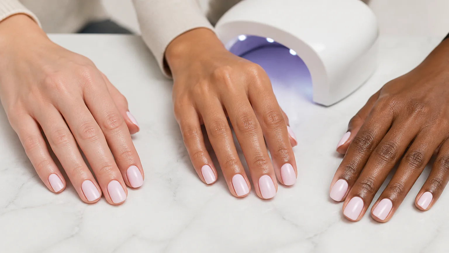 OPI Pink in Bio Hands with manicures under a UV nail lamp