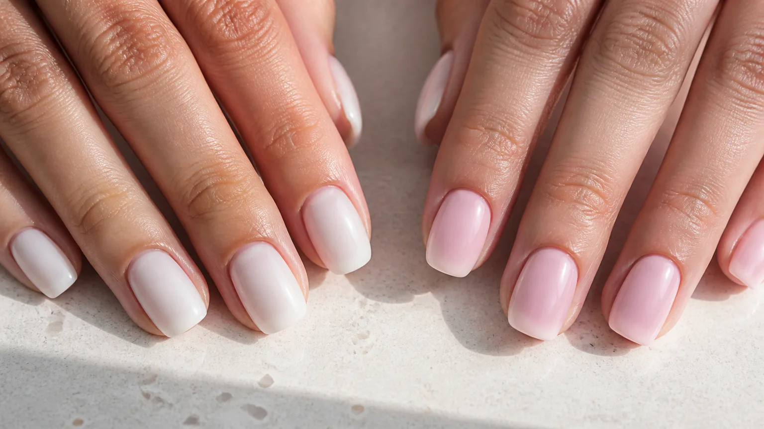 OPI Let's Be Friends Hands with glossy pale pink manicures